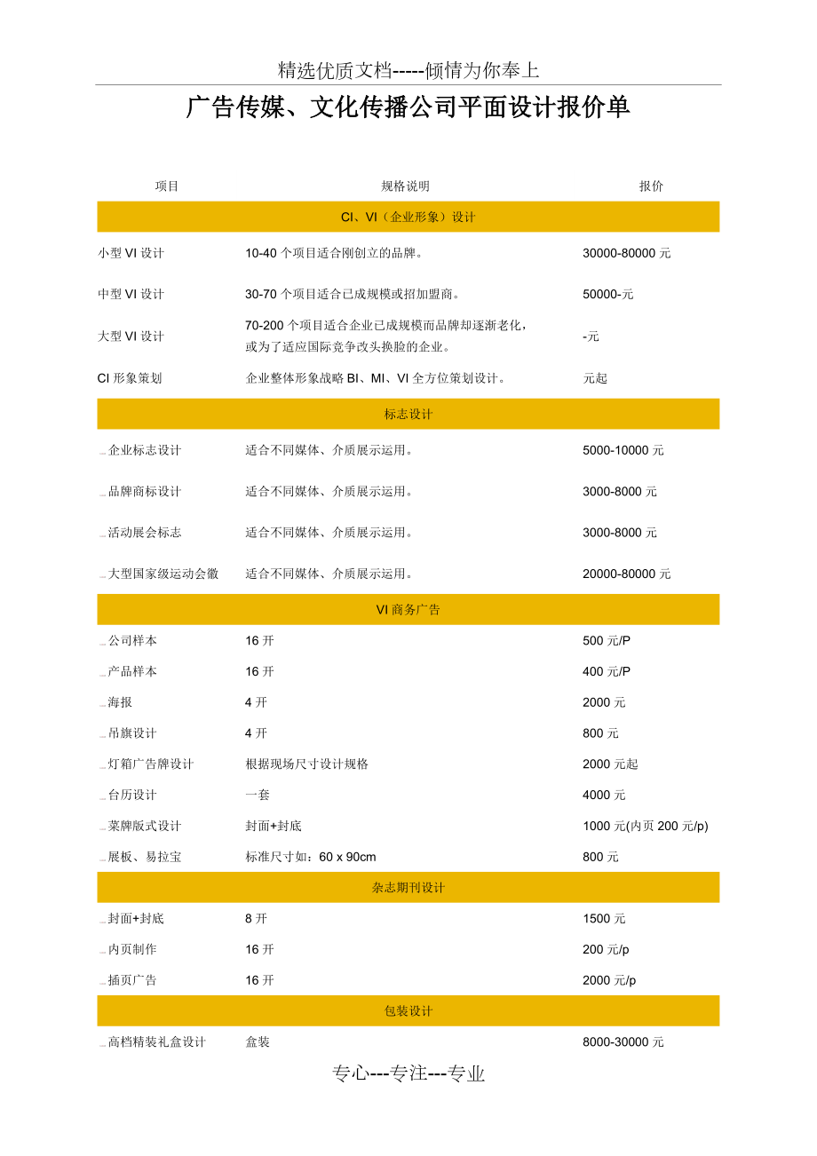 广告传媒、文化传播公司平面设计报价单（代理专用）
